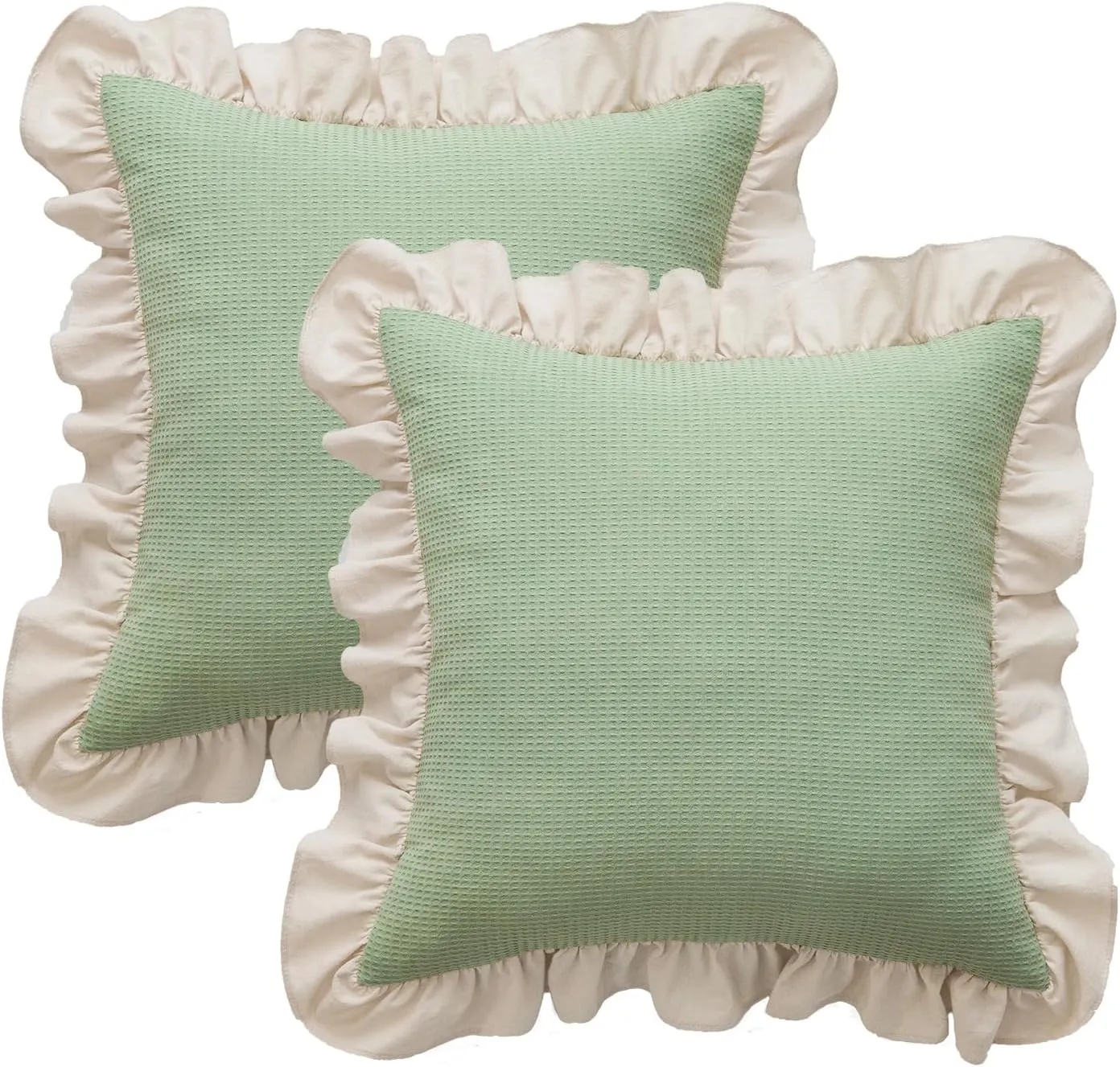 Waffle Weave Textured Throw Pillow Covers Set of 2 with Washed Cotton Retro Ruffle Flounces Trim Solid Decorative Pillow Cases for Home Livingroom and Bedroom Decor 18x18 Inch Pea Green
