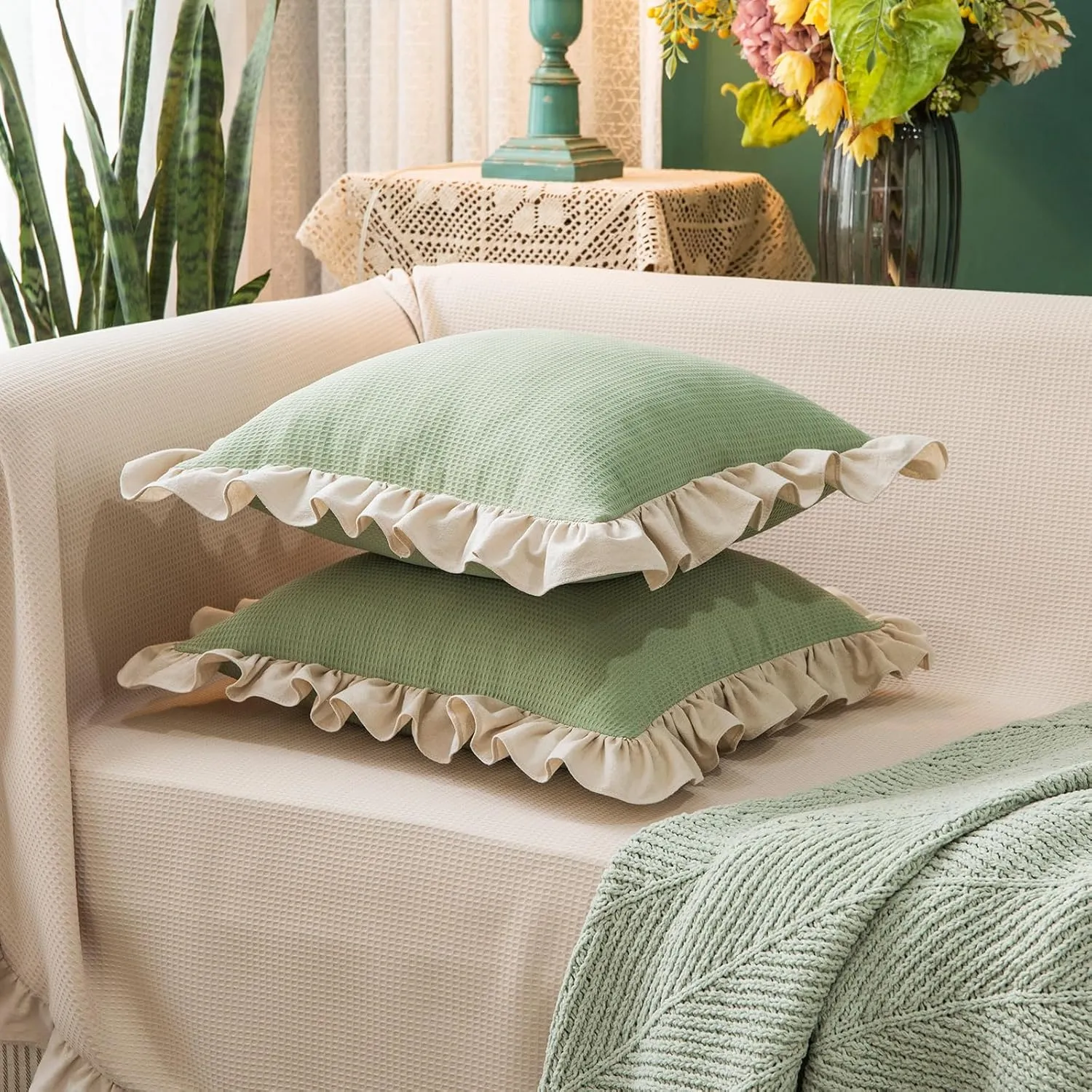 Waffle Weave Textured Throw Pillow Covers Set of 2 with Washed Cotton Retro Ruffle Flounces Trim Solid Decorative Pillow Cases for Home Livingroom and Bedroom Decor 18x18 Inch Pea Green