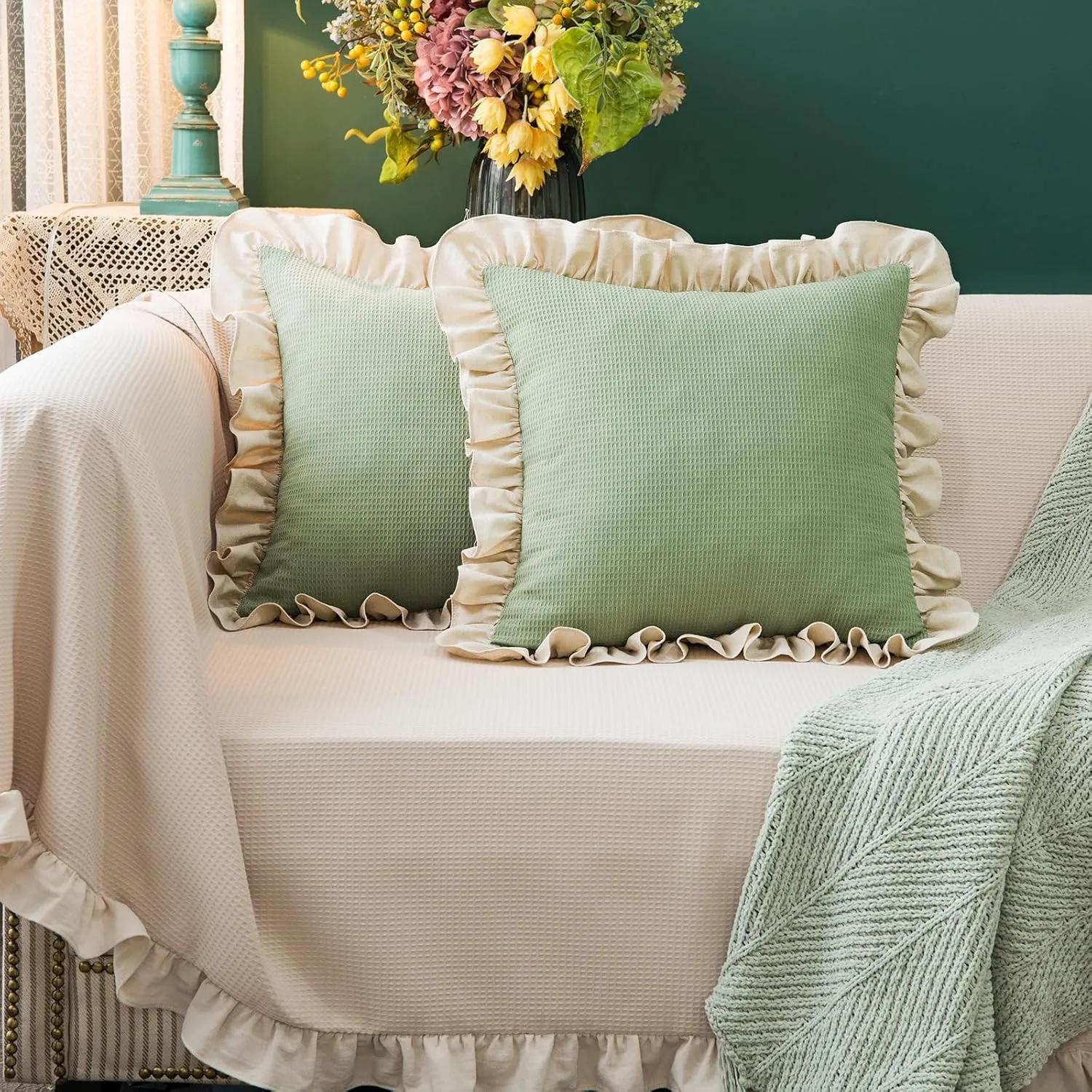 Waffle Weave Textured Throw Pillow Covers Set of 2 with Washed Cotton Retro Ruffle Flounces Trim Solid Decorative Pillow Cases for Home Livingroom and Bedroom Decor 18x18 Inch Pea Green