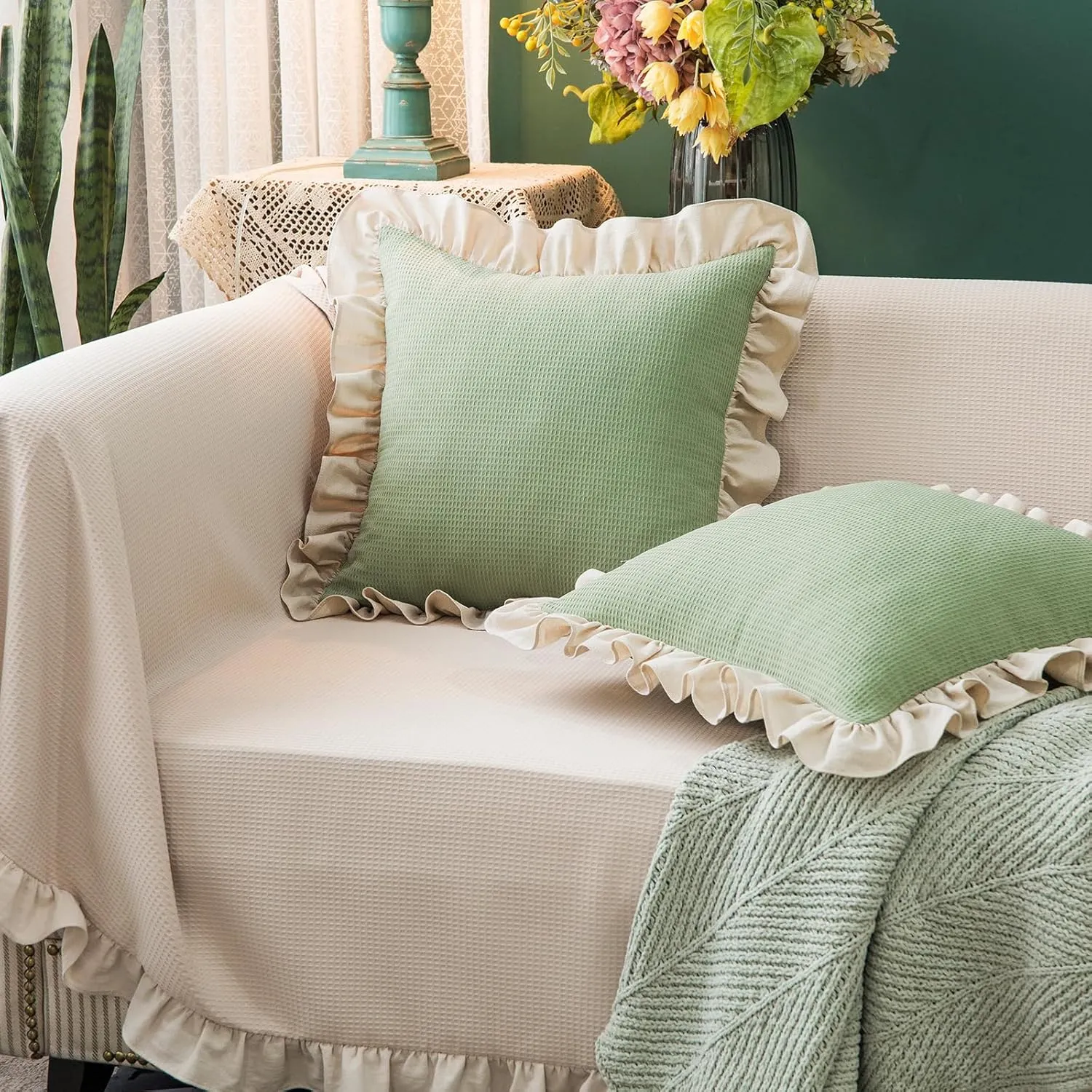 Waffle Weave Textured Throw Pillow Covers Set of 2 with Washed Cotton Retro Ruffle Flounces Trim Solid Decorative Pillow Cases for Home Livingroom and Bedroom Decor 18x18 Inch Pea Green