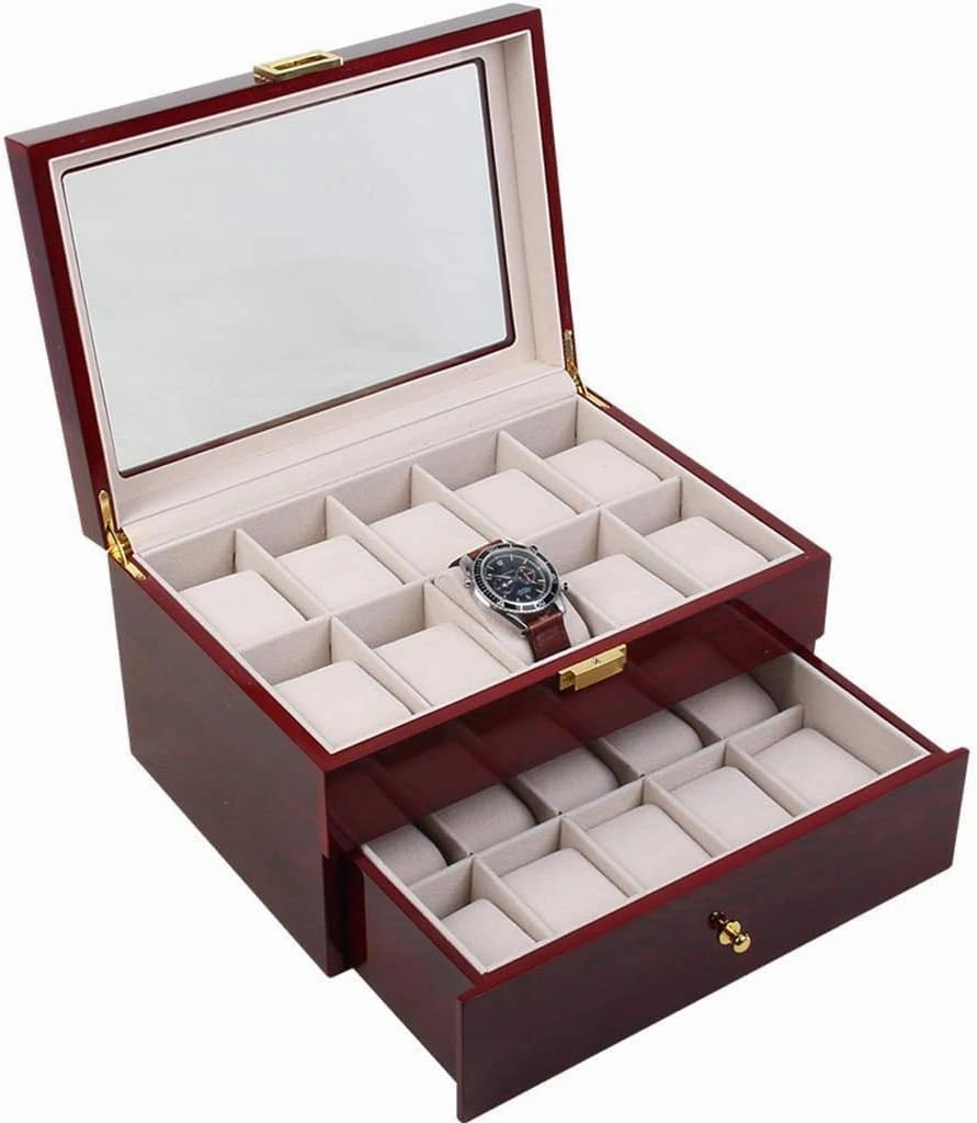 Watch Display Box with Drawer Cabinet, Large Size Can Hold 20 Watches, Glass Top Velvet Lining