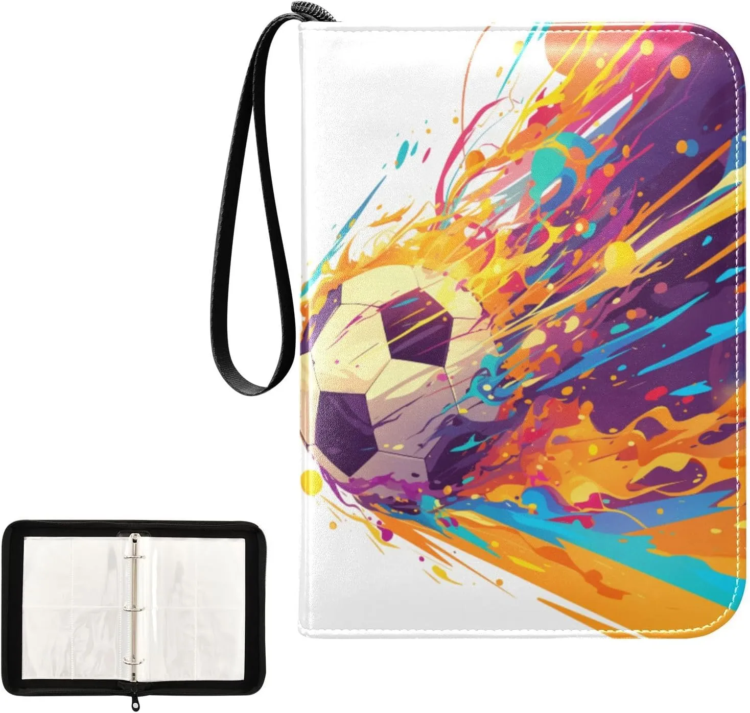 Watercolor Soccer Colorful Football Card Binder 4 Pocket, Trading Card Holder Fits 400 Game Cards with 50 Removable Sleeves, MTG Card Case Standard Size