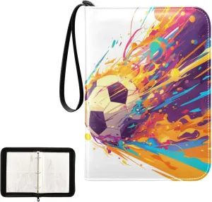 Watercolor Soccer Colorful Football Card Binder 4 Pocket, Trading Card Holder Fits 400 Game Cards with 50 Removable Sleeves, MTG Card Case Standard Size