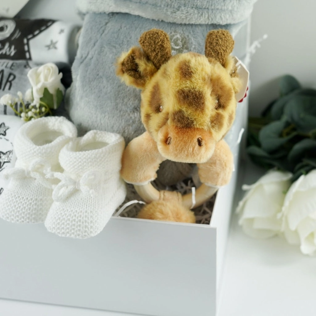 Welcome To The World Milestone Baby Set, Neutral Baby Gift Hamper With Eco Friendly Giraffe Rattle, Baby Shower Gift
