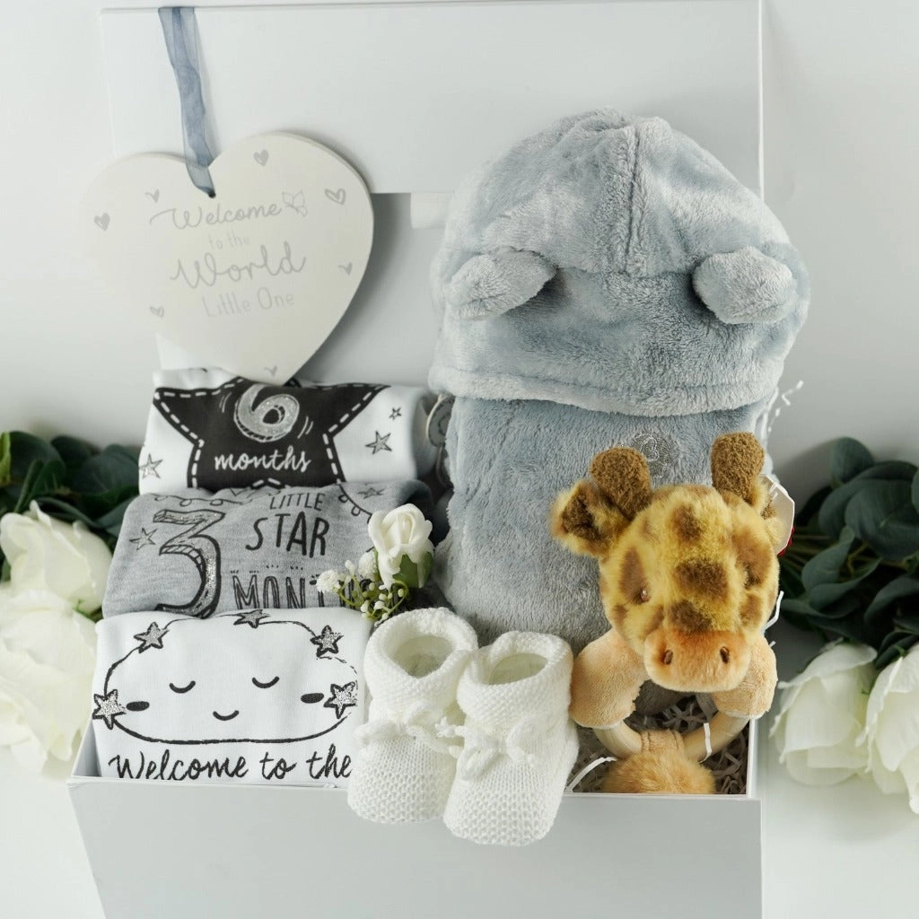 Welcome To The World Milestone Baby Set, Neutral Baby Gift Hamper With Eco Friendly Giraffe Rattle, Baby Shower Gift
