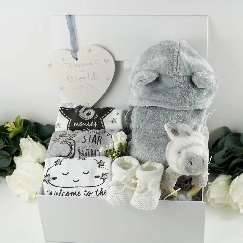Welcome To The World Milestone Baby Set, Neutral Baby Gift Hamper With Eco Friendly Zebra  Rattle, Baby Shower Gift