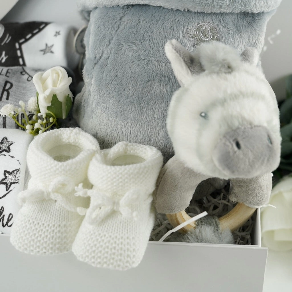Welcome To The World Milestone Baby Set, Neutral Baby Gift Hamper With Eco Friendly Zebra  Rattle, Baby Shower Gift