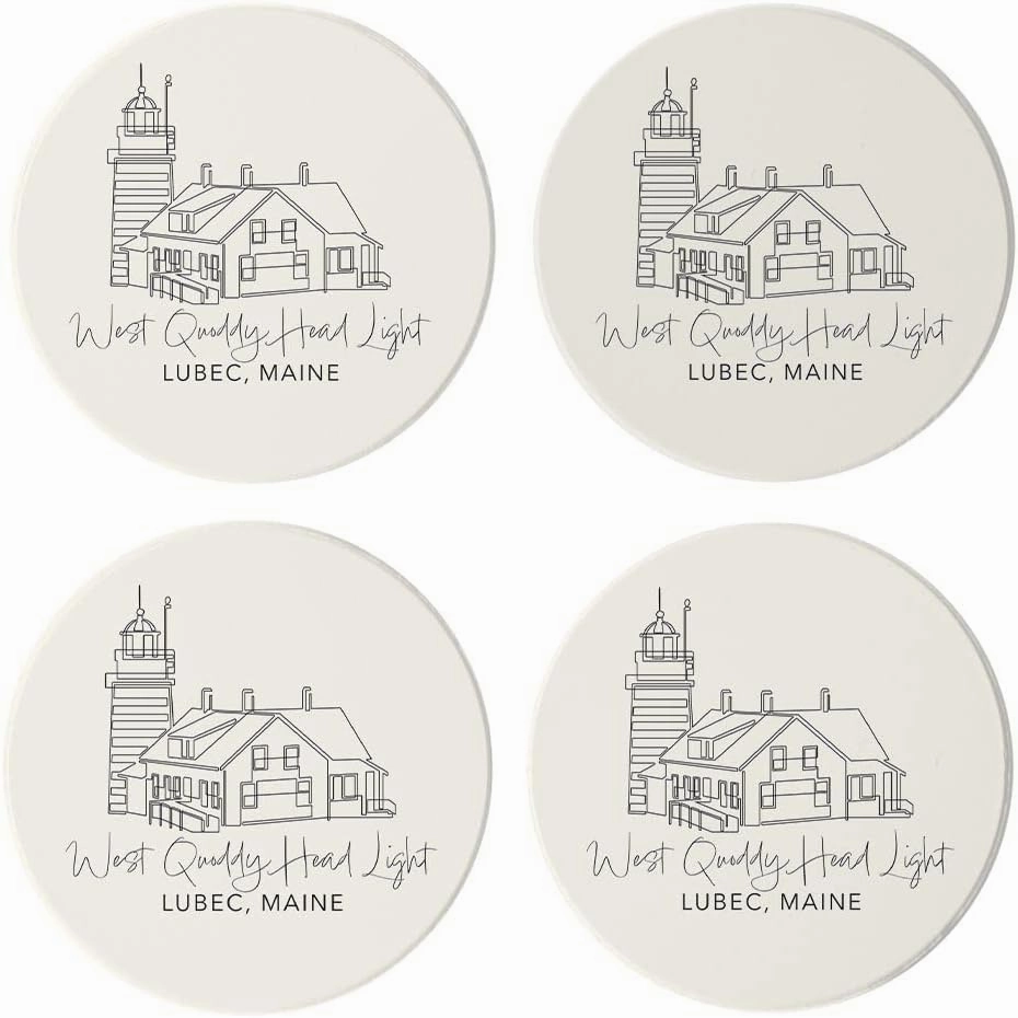 West Quoddy Head Light, Joyride Home Decor, 4 Ceramic Coasters, 4-inch Circle Drink Coasters, Set of 4, Non-Slip Cork Back, Protects Surfaces, Express Your Style.