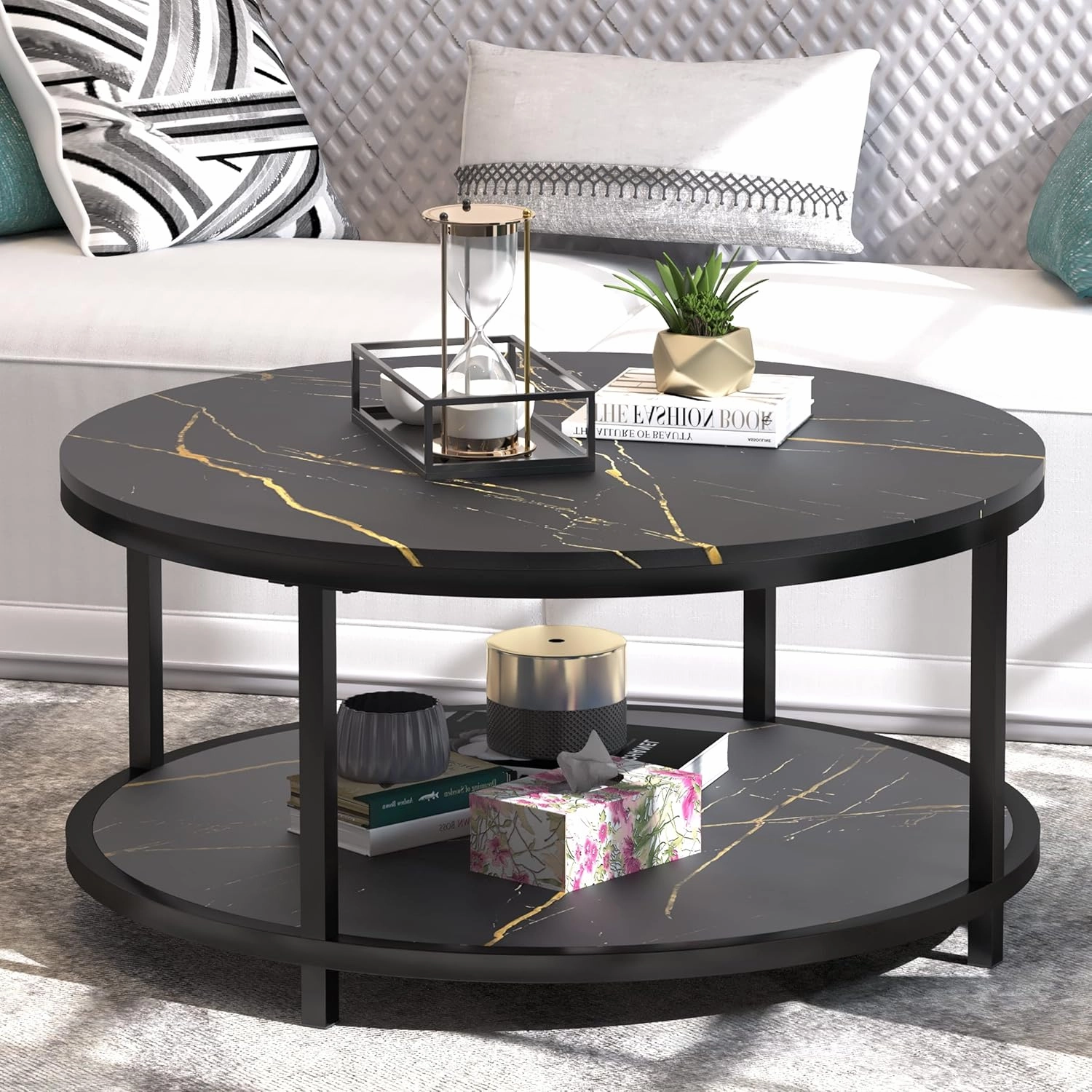 WiberWi Round Coffee Table Black Coffee Tables for Living Room 35.8" Faux Marble Top Circle Table Furniture Sturdy Metal Frame Legs Cocktail Table with Storage Open Shelf