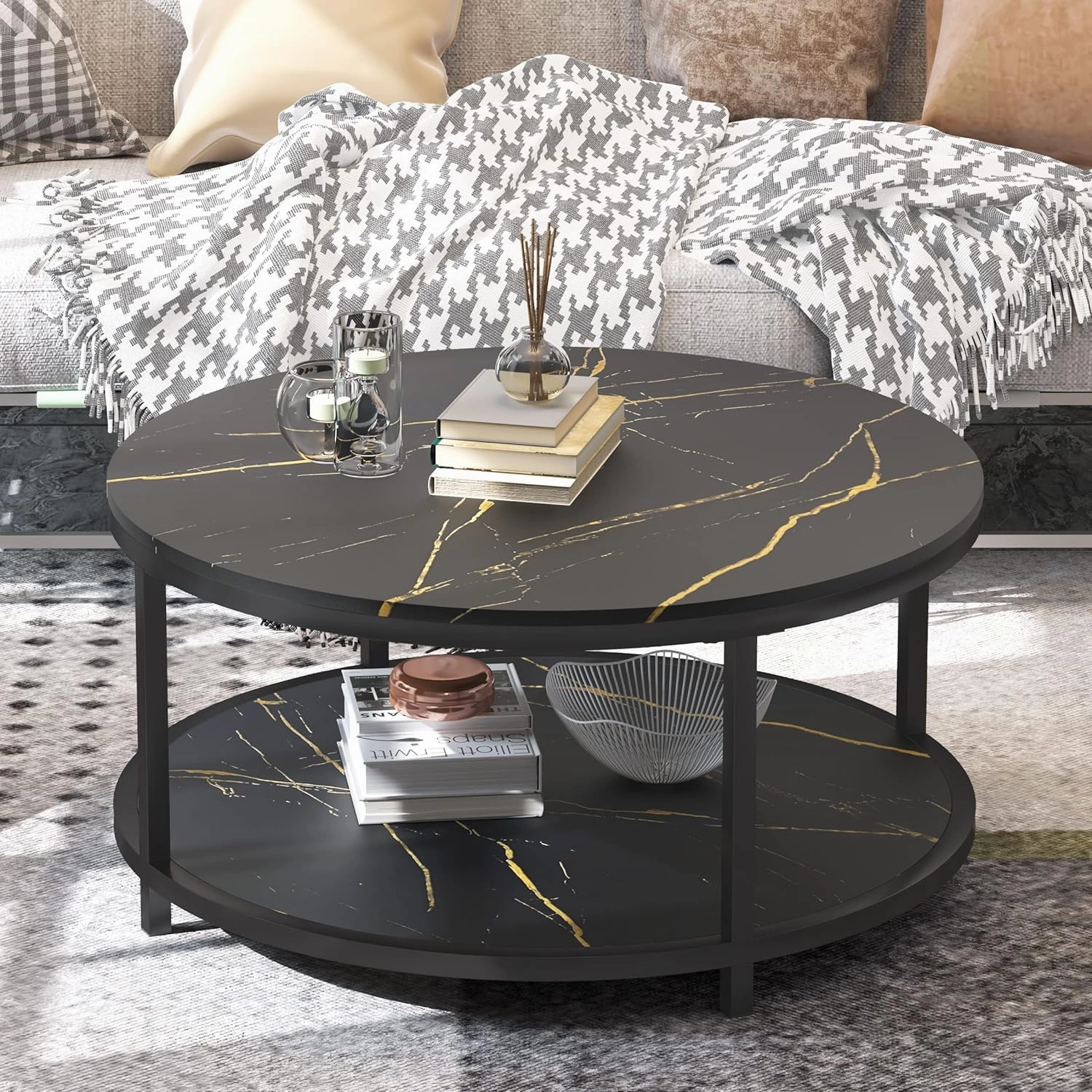 WiberWi Round Coffee Table Black Coffee Tables for Living Room 35.8" Faux Marble Top Circle Table Furniture Sturdy Metal Frame Legs Cocktail Table with Storage Open Shelf
