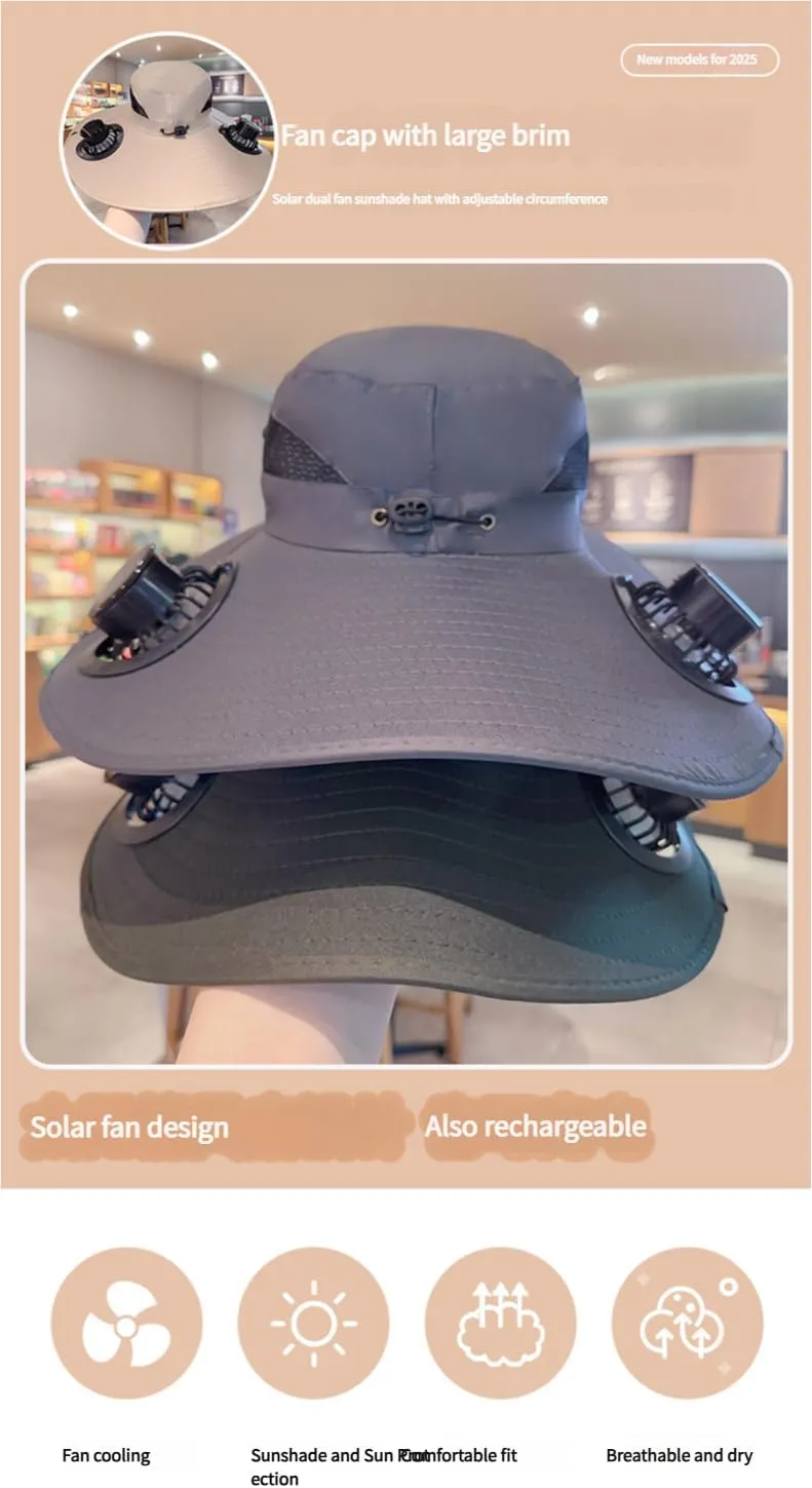 Wide Brim Solar Fan Hat, UPF 50  Sun Protection, Waterproof Outdoor Fishing Hat with Dual Fans