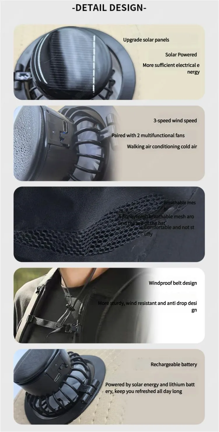 Wide Brim Solar Fan Hat, UPF 50  Sun Protection, Waterproof Outdoor Fishing Hat with Dual Fans
