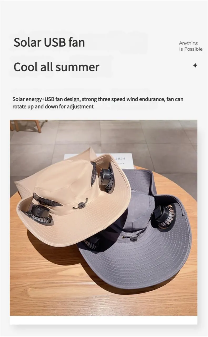 Wide Brim Solar Fan Hat, UPF 50  Sun Protection, Waterproof Outdoor Fishing Hat with Dual Fans