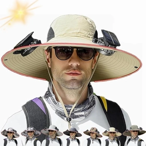 Wide Brim Solar Fan Outdoor Fishing Hat-Solar & USB Charging,UPF50  Ultralight Solar Powered Fan Hat for Women Men