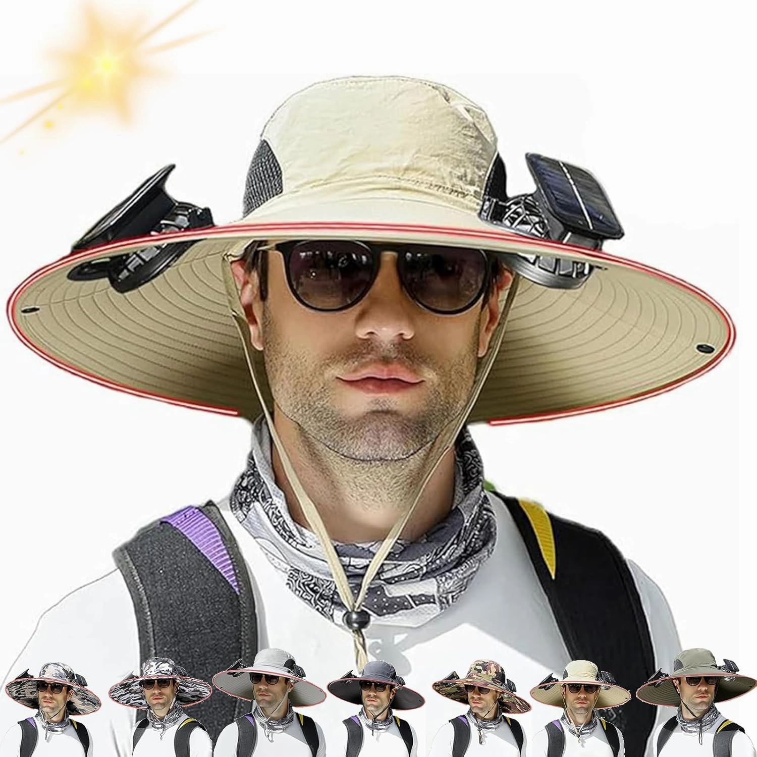 Wide Brim Solar Fan Outdoor Fishing Hat-Solar & USB Charging,UPF50  Ultralight Solar Powered Fan Hat for Women Men
