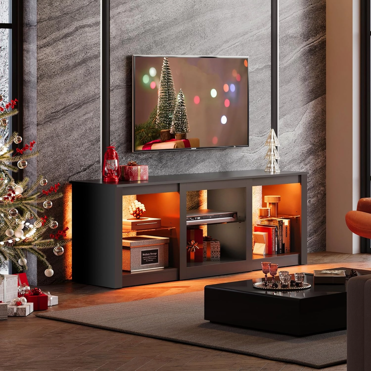 WLIVE LED TV Stand for 65-Inch TV, 58-Inch Entertainment Center with Adjustable Glass Shelves, Modern Media Console for Living Room & Bedroom, Black