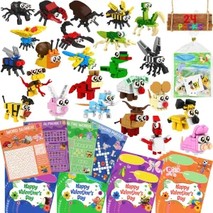 WODMAZ Valentines Day Cards for Kids Classroom, 24 Packs Animals and Insects Building Blocks with Valentines Day Cards for Kids Valentines Gifts Exchange, Valentine Party Favor