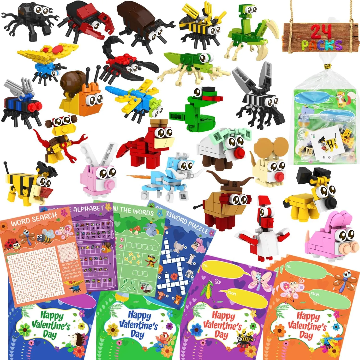 WODMAZ Valentines Day Cards for Kids Classroom, 24 Packs Animals and Insects Building Blocks with Valentines Day Cards for Kids Valentines Gifts Exchange, Valentine Party Favor