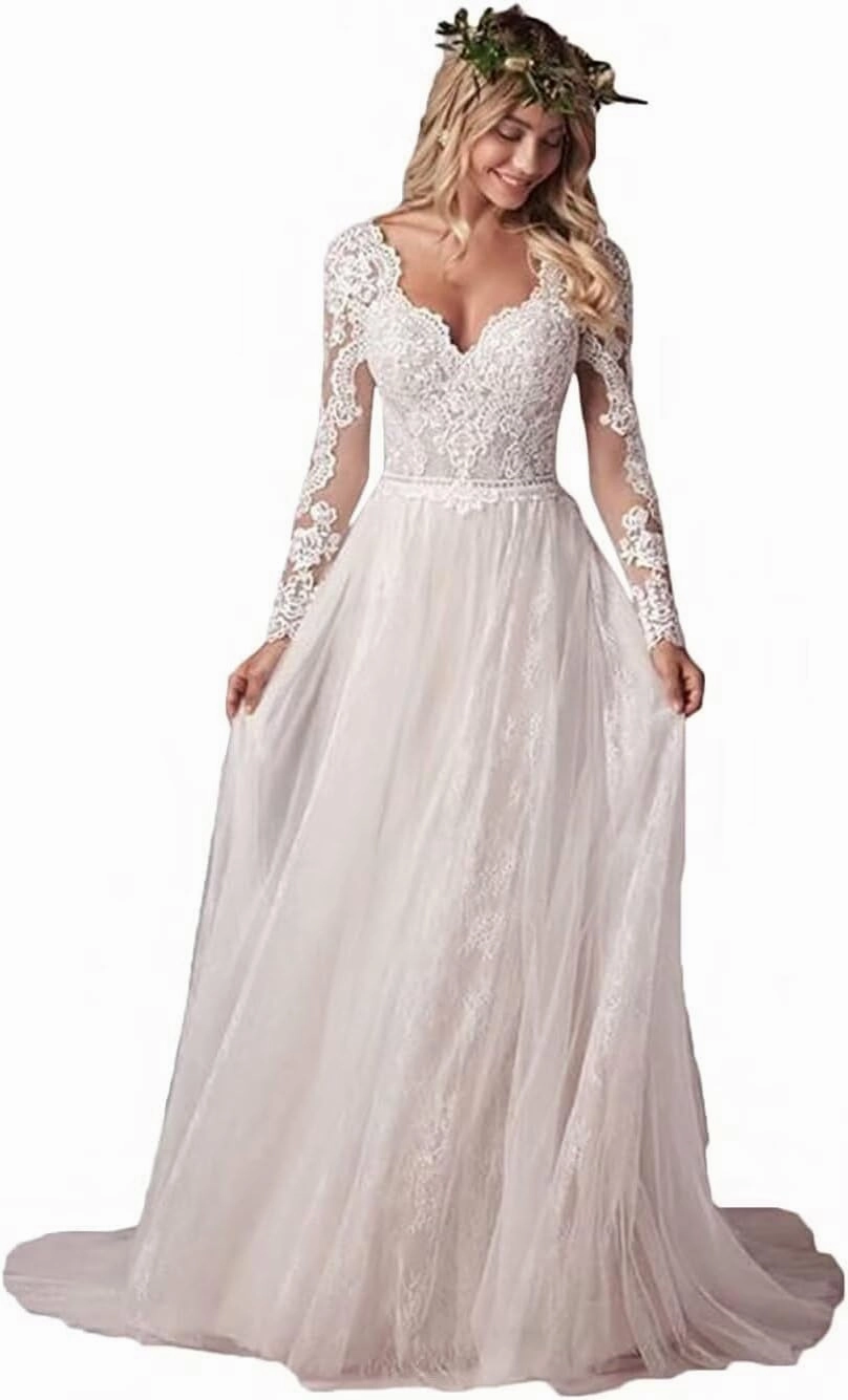 Women's Lace Applique Mermaid Wedding Dresses for Bride Beach Boho Wedding Bridal Gowns