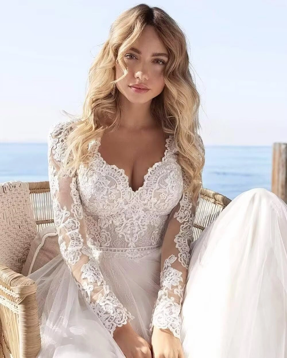 Women's Lace Applique Mermaid Wedding Dresses for Bride Beach Boho Wedding Bridal Gowns