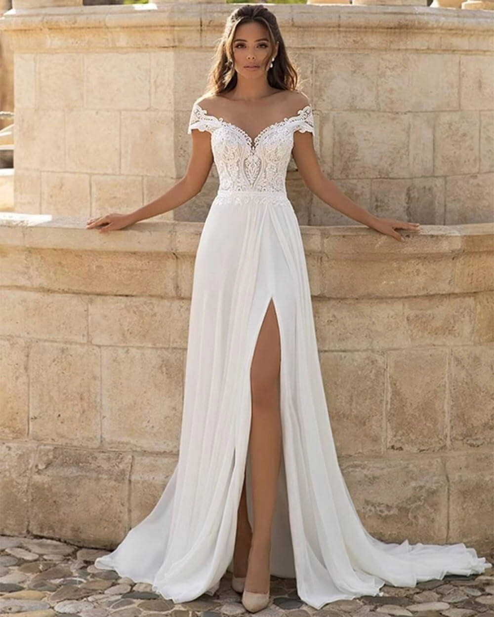 Women's Lace Applique Mermaid Wedding Dresses for Bride Beach Boho Wedding Bridal Gowns