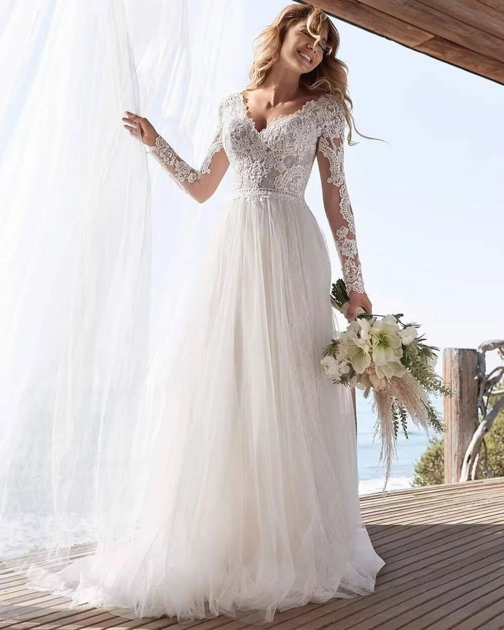 Women's Lace Applique Mermaid Wedding Dresses for Bride Beach Boho Wedding Bridal Gowns