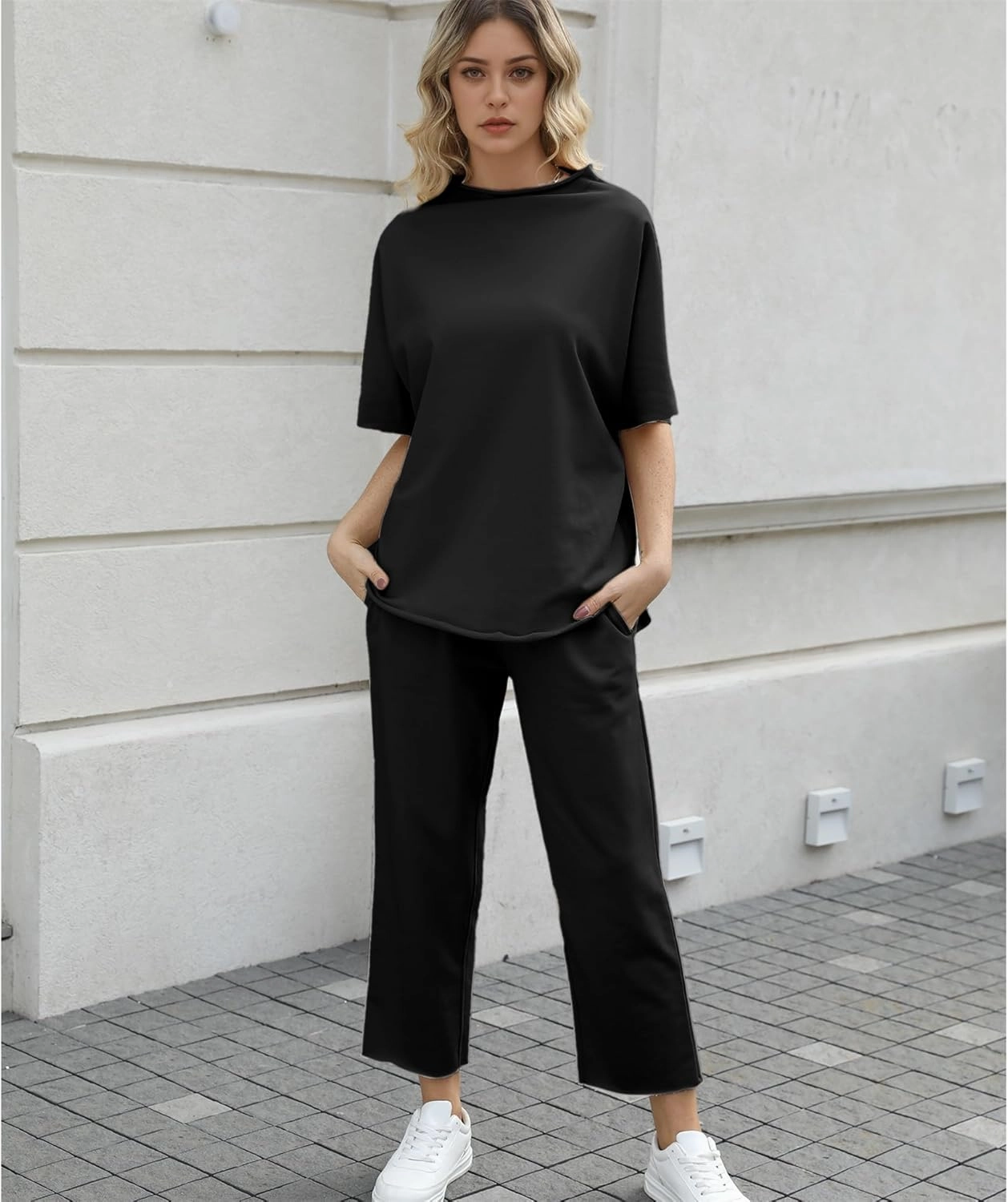 Women's Two Piece Outfits 3/4 Batwing Sleeve Capelet Crew Neck Pullover Top Wide Leg Pants Lounge Set