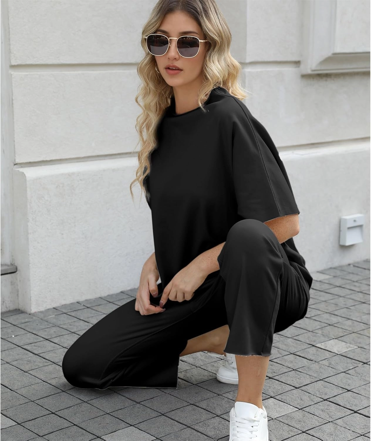 Women's Two Piece Outfits 3/4 Batwing Sleeve Capelet Crew Neck Pullover Top Wide Leg Pants Lounge Set
