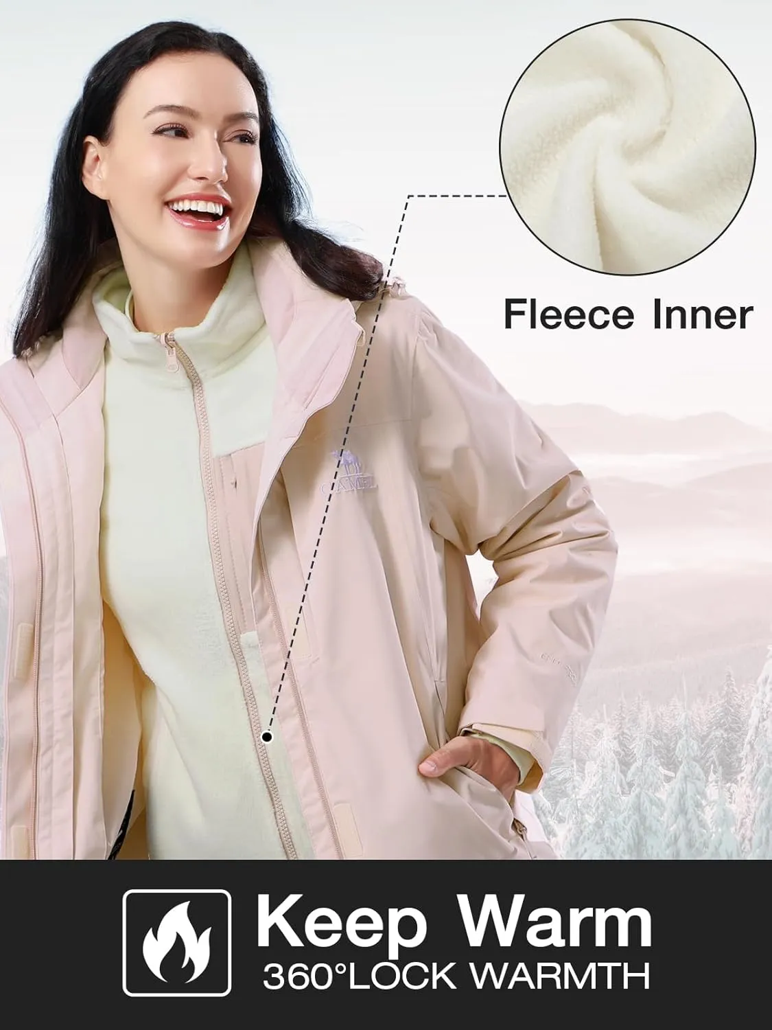 Women's Ski Jacket 3 in 1 Winter Jacket Waterproof Jacket Windproof Snow Coat with Inner Warm Fleece Coat