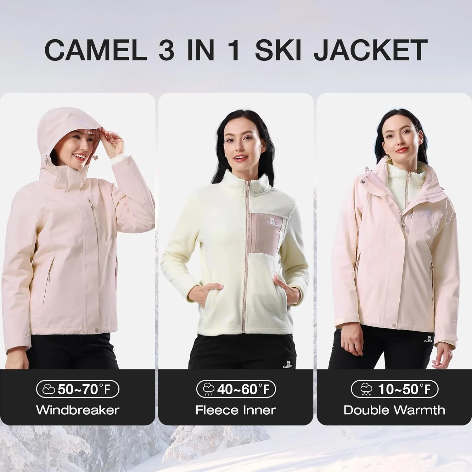 Women's Ski Jacket 3 in 1 Winter Jacket Waterproof Jacket Windproof Snow Coat with Inner Warm Fleece Coat