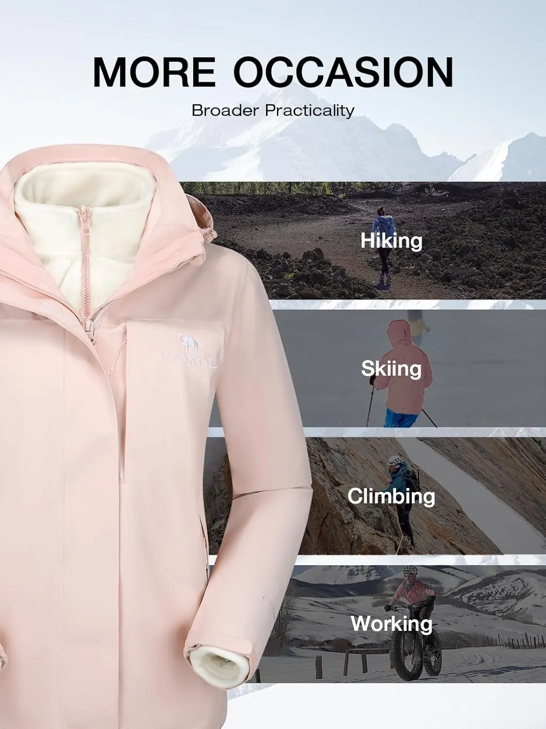 Women's Ski Jacket 3 in 1 Winter Jacket Waterproof Jacket Windproof Snow Coat with Inner Warm Fleece Coat