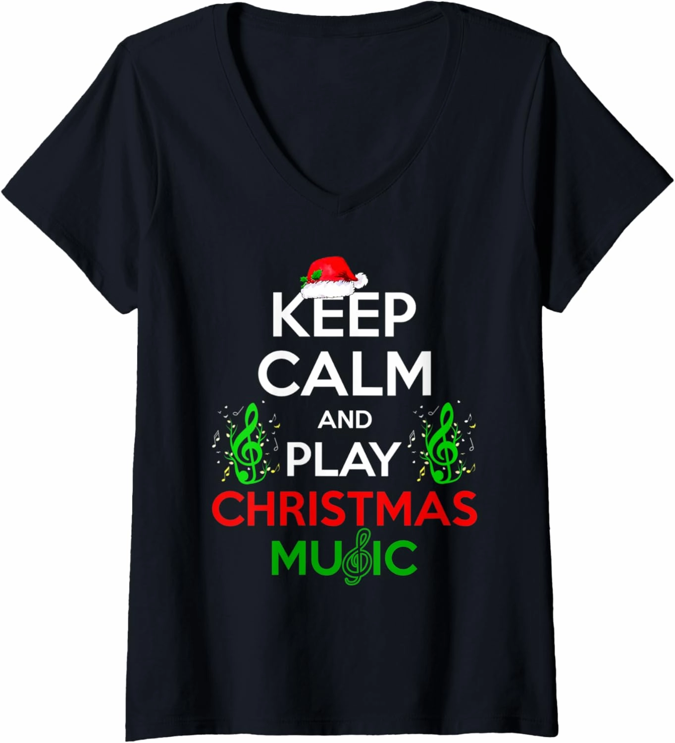 Womens Keep Calm Play Christmas Music Pyjama Pjs Red Plaid V-Neck T-Shirt