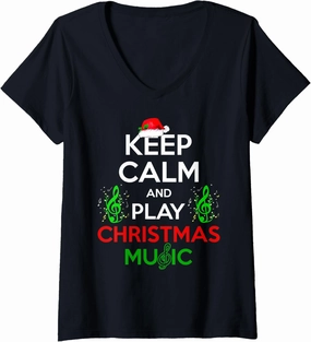 Womens Keep Calm Play Christmas Music Pyjama Pjs Red Plaid V-Neck T-Shirt
