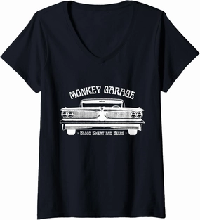 Womens Monkey Garage: Gas Station: Blood Sweat and Beers V-Neck T-Shirt