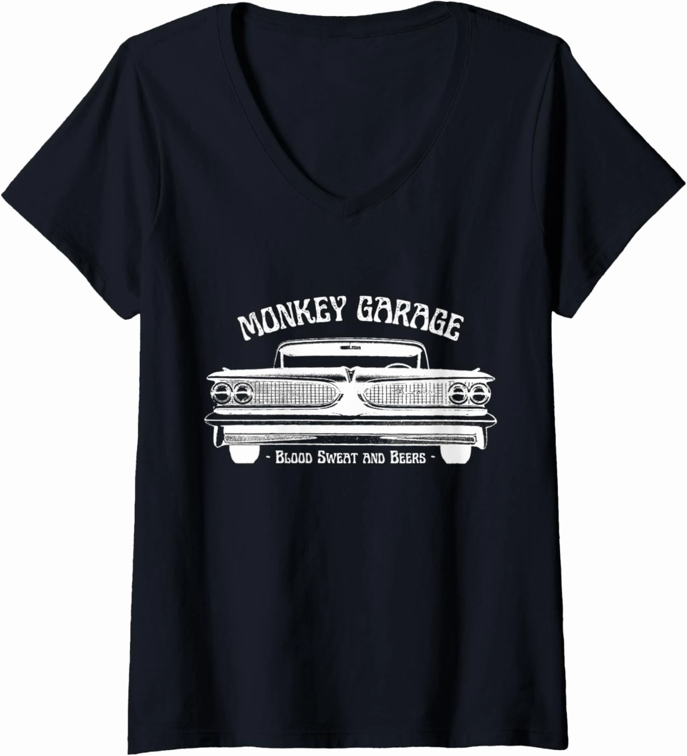 Womens Monkey Garage: Gas Station: Blood Sweat and Beers V-Neck T-Shirt