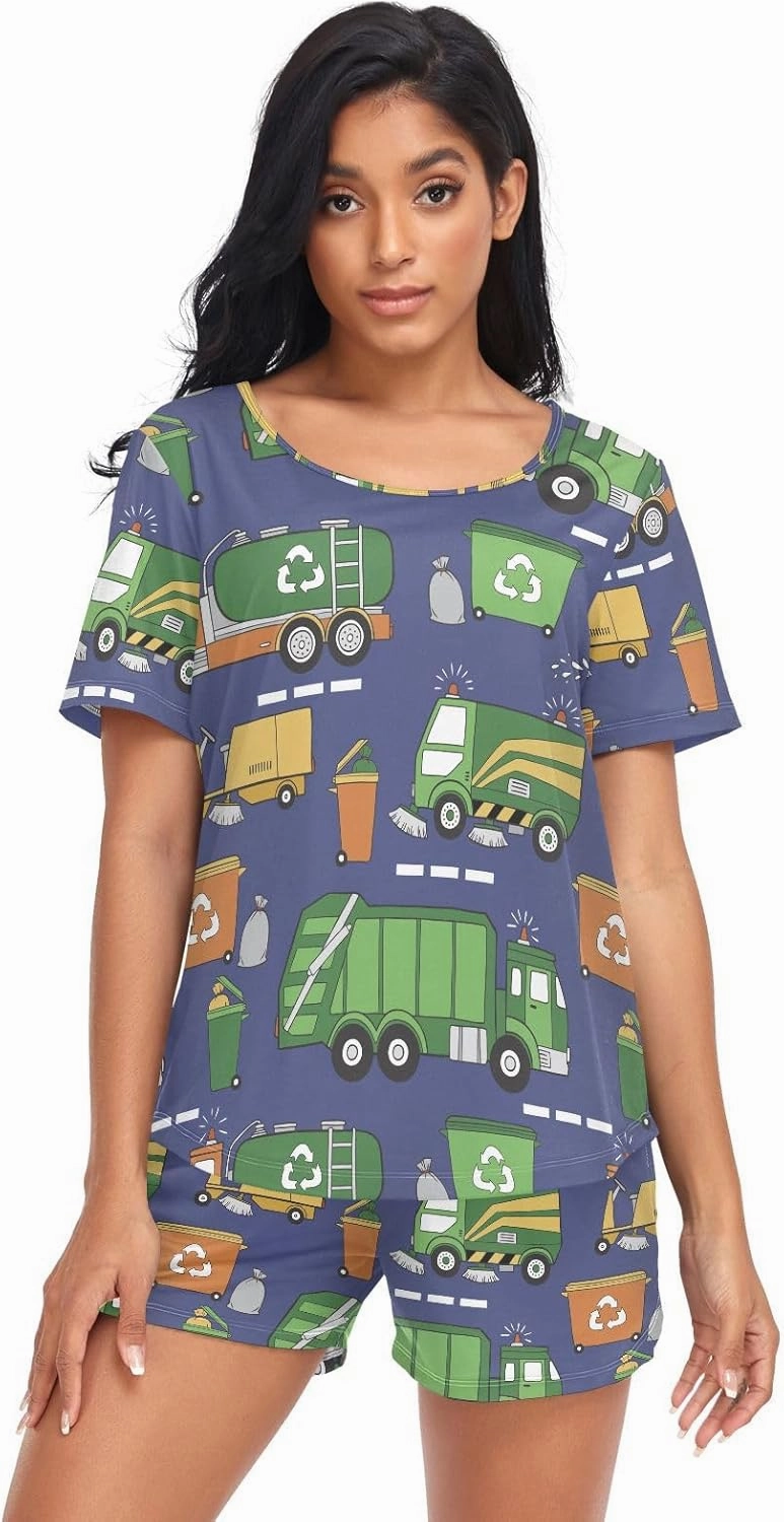 Womens Pajamas Set Hand Drawn Garbage Trucks Womens Short Sleeve Shorts Set 2 Piece Sleepwear Lounge Set S-XXL