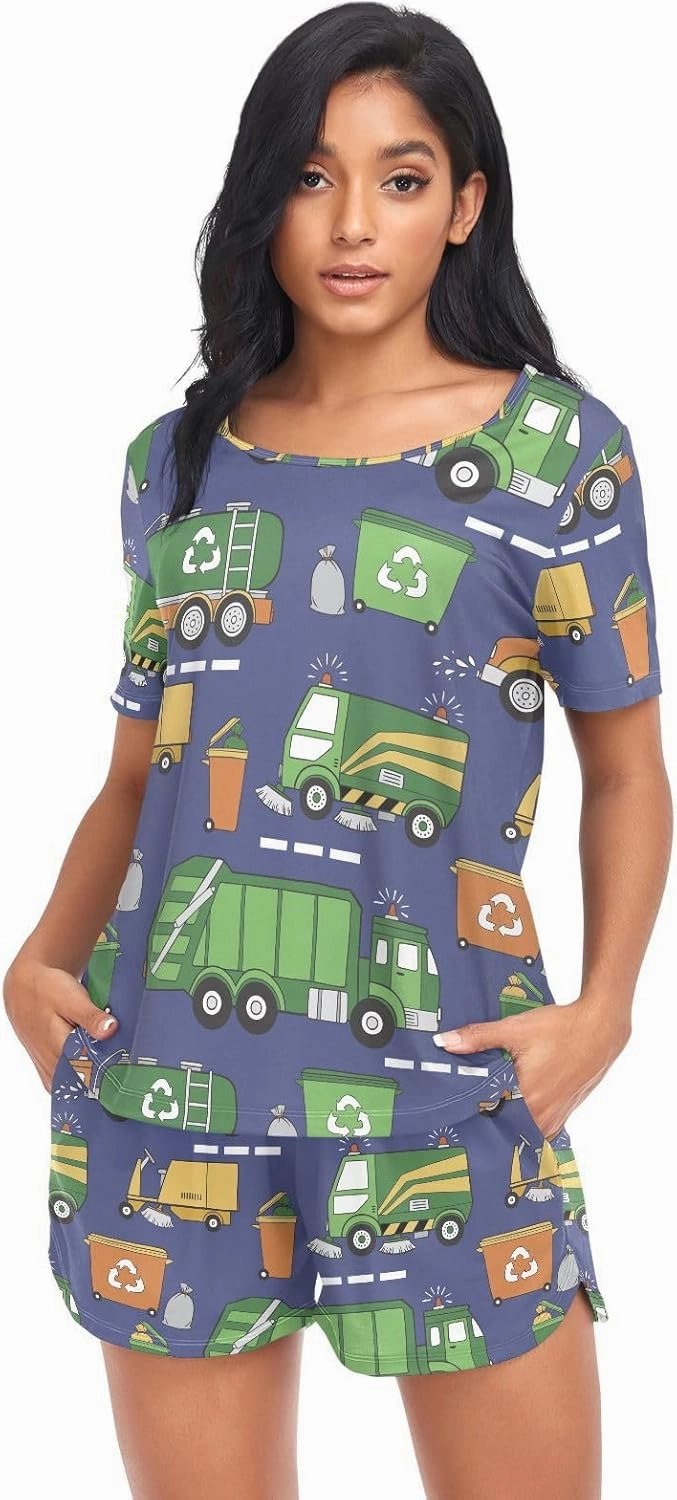Womens Pajamas Set Hand Drawn Garbage Trucks Womens Short Sleeve Shorts Set 2 Piece Sleepwear Lounge Set S-XXL