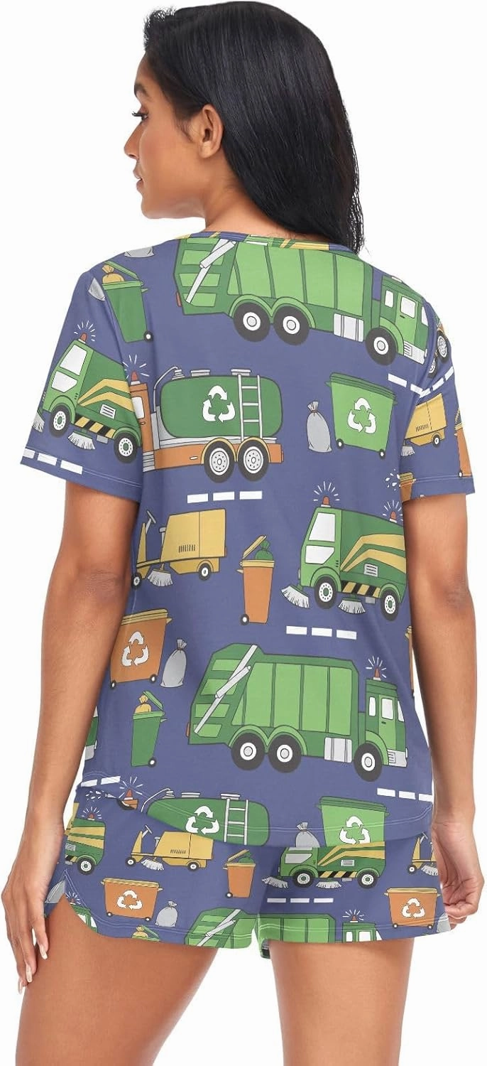 Womens Pajamas Set Hand Drawn Garbage Trucks Womens Short Sleeve Shorts Set 2 Piece Sleepwear Lounge Set S-XXL
