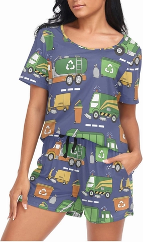 Womens Pajamas Set Hand Drawn Garbage Trucks Womens Short Sleeve Shorts Set 2 Piece Sleepwear Lounge Set S-XXL