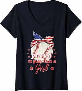 Womens Proud to Play Like A Girl Baseball Girl V-Neck T-Shirt
