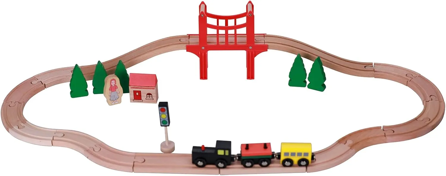 Wooden Train Track Set, 39Pcs Toddler Railway Bridge Toy Train Set with Magnetic Trains, Birthday Gift Ideas for Kids Boys and Girls Compatible with All Major Brands
