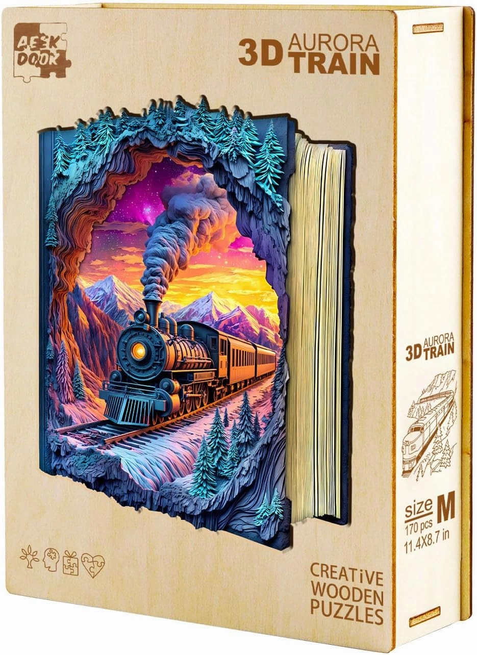 Wooden Puzzles for Adults - 200 Pieces 3D Aurora Train Wooden Puzzle - Unique Animal Shape Wood Cut Puzzles - Eco-Friendly Home Office Decor (M-11.4 * 11.3in)