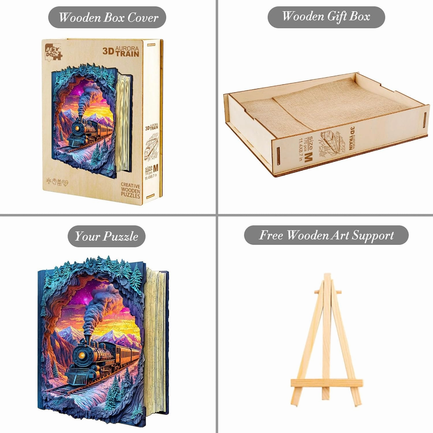 Wooden Puzzles for Adults - 200 Pieces 3D Aurora Train Wooden Puzzle - Unique Animal Shape Wood Cut Puzzles - Eco-Friendly Home Office Decor (M-11.4 * 11.3in)