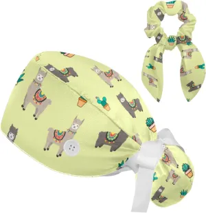 Working Hats with Buttons & Ribbon Ties for Women, Unicorn Black Surgery Scrub Cap Long Hair, Nurse Bouffant Caps
