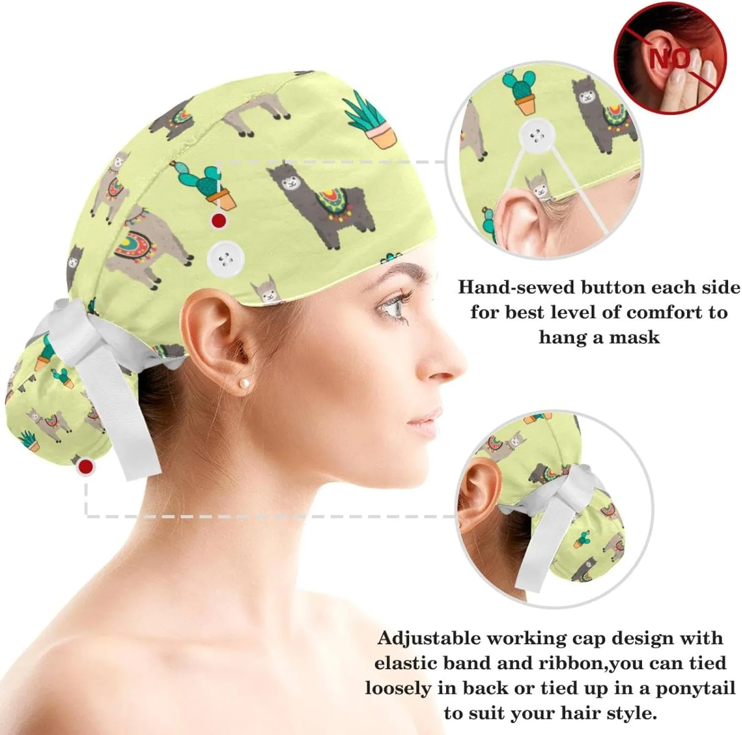 Working Hats with Buttons & Ribbon Ties for Women, Unicorn Black Surgery Scrub Cap Long Hair, Nurse Bouffant Caps