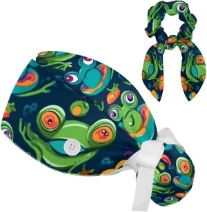 Working Hats with Buttons & Ribbon Ties for Women, Unicorn Black Surgery Scrub Cap Long Hair, Nurse Bouffant Caps