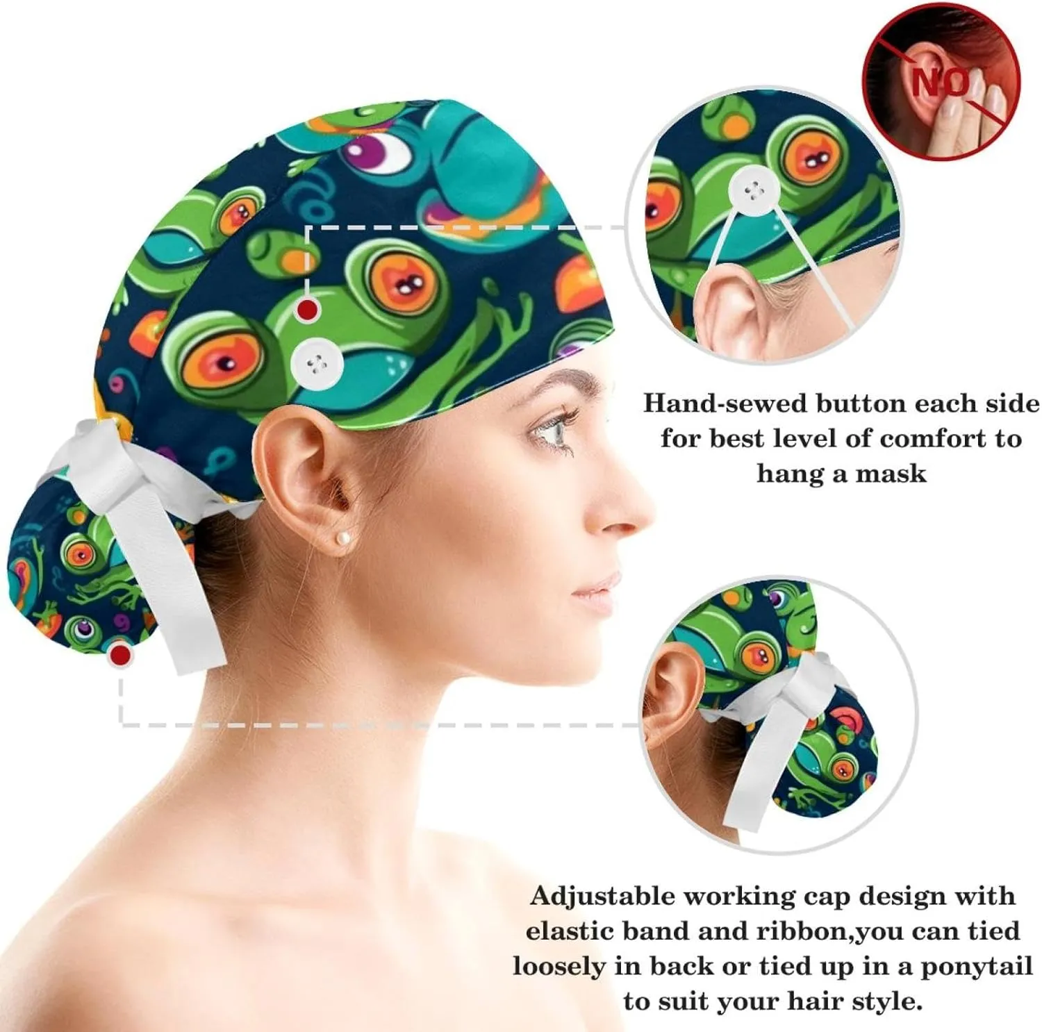 Working Hats with Buttons & Ribbon Ties for Women, Unicorn Black Surgery Scrub Cap Long Hair, Nurse Bouffant Caps