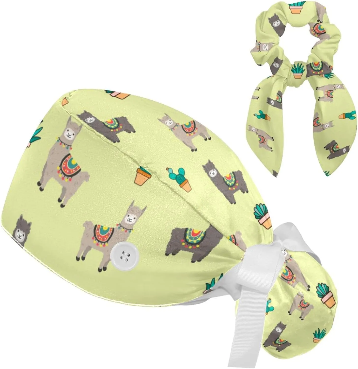 Working Hats with Buttons & Ribbon Ties for Women, Unicorn Black Surgery Scrub Cap Long Hair, Nurse Bouffant Caps