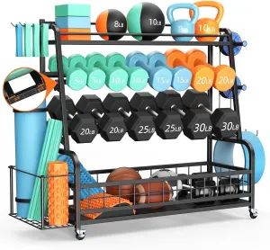 XL Dumbbell Rack Weight Stand - Adjustable Weight Rack for Dumbbells, Home Gym Storage Rack for Kettlebell, Balls,Yoga Mat Storage Holder, Workout Equipment Storage Organizer With Wheels