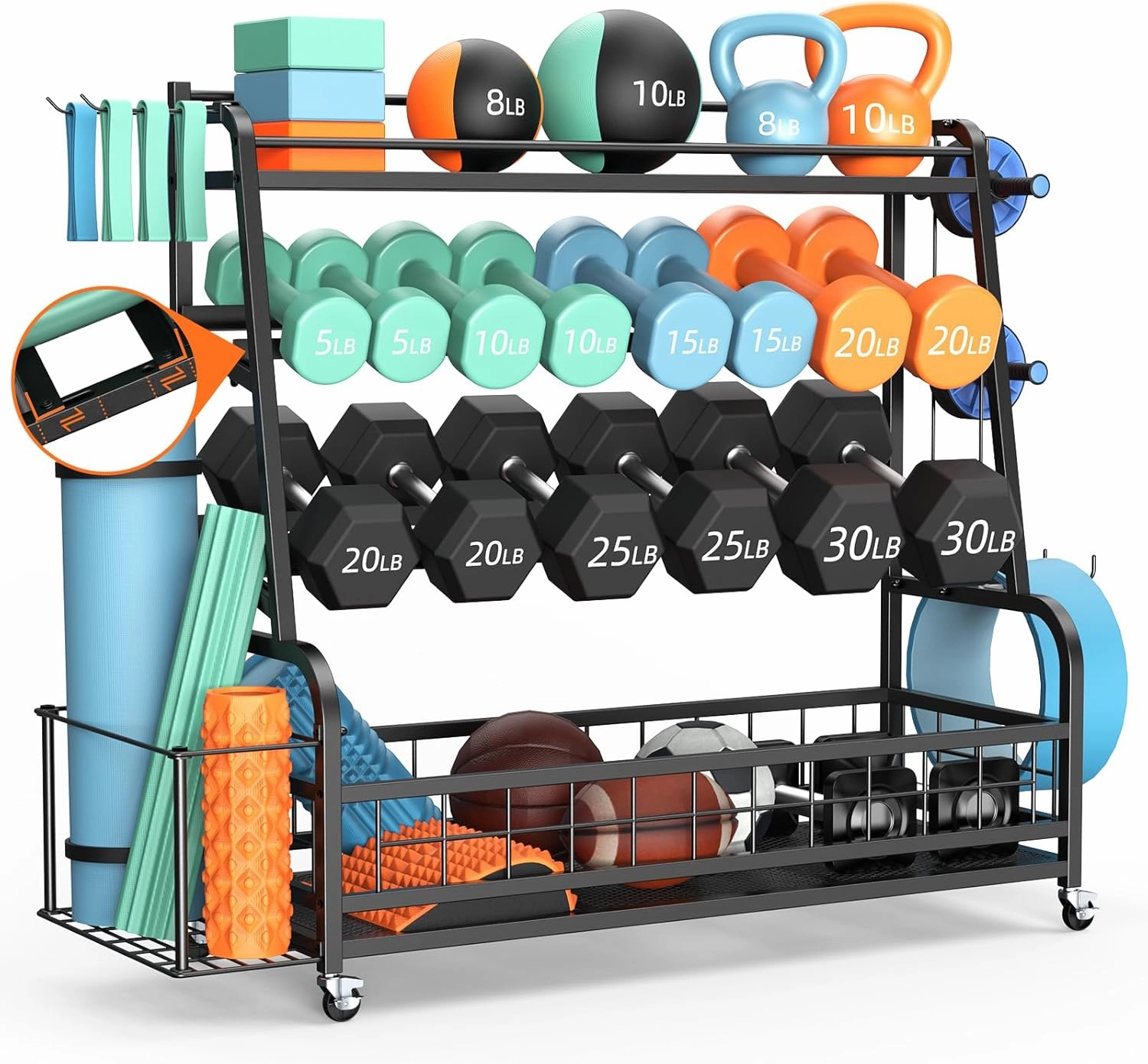 XL Dumbbell Rack Weight Stand - Adjustable Weight Rack for Dumbbells, Home Gym Storage Rack for Kettlebell, Balls,Yoga Mat Storage Holder, Workout Equipment Storage Organizer With Wheels